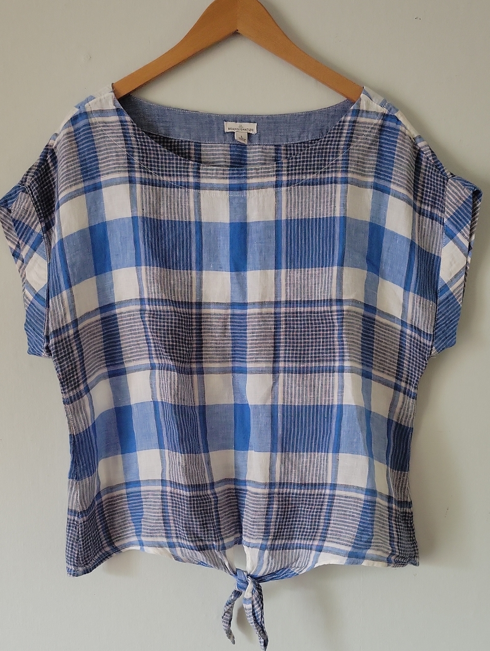 L.L. BEAN Signature Blue and White Plaid Tie-Front Blouse 100% linen